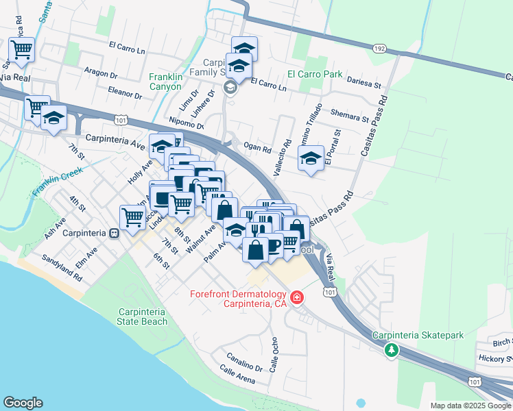 map of restaurants, bars, coffee shops, grocery stores, and more near 1132 Vallecito Road in Carpinteria