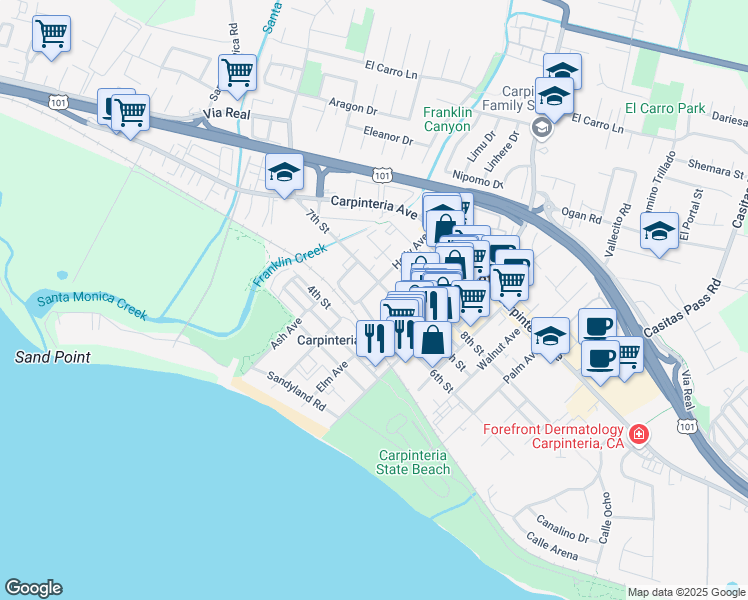 map of restaurants, bars, coffee shops, grocery stores, and more near 4822A 5th Street in Carpinteria