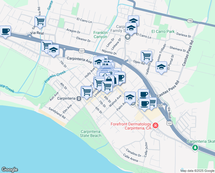 map of restaurants, bars, coffee shops, grocery stores, and more near 910 Linden Avenue in Carpinteria