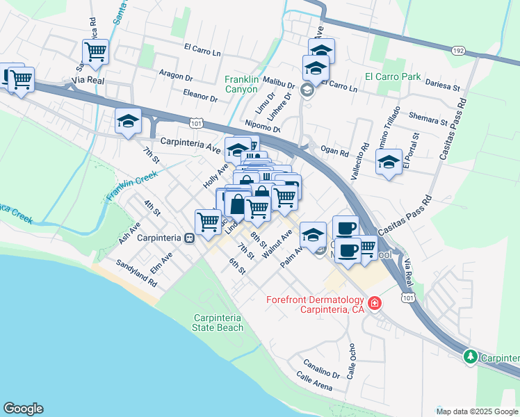 map of restaurants, bars, coffee shops, grocery stores, and more near 910 Linden Avenue in Carpinteria