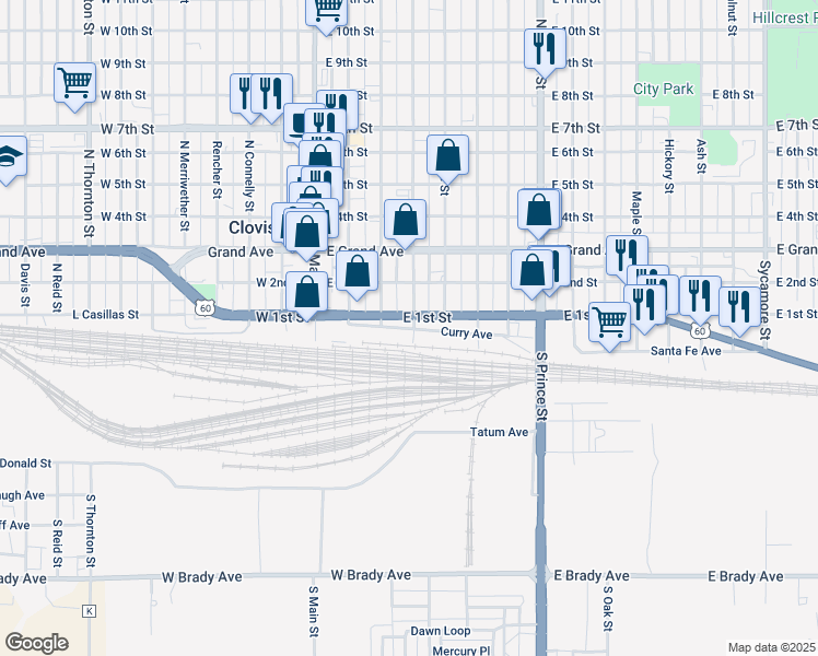 map of restaurants, bars, coffee shops, grocery stores, and more near Axtell Street in Clovis