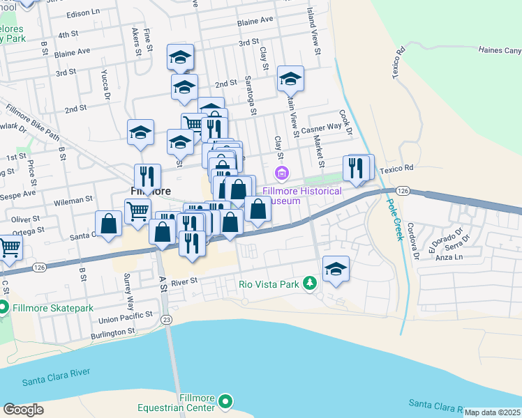 map of restaurants, bars, coffee shops, grocery stores, and more near 412 Santa Clara Street in Fillmore