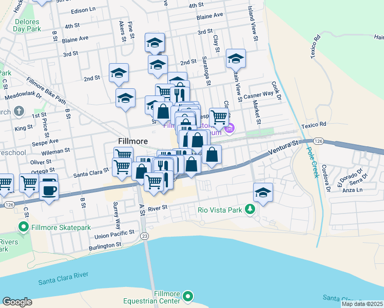 map of restaurants, bars, coffee shops, grocery stores, and more near in Fillmore