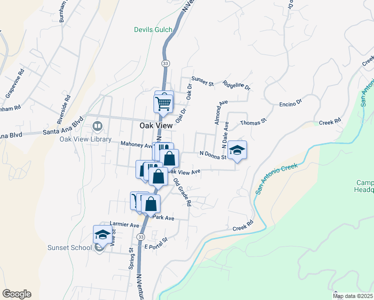 map of restaurants, bars, coffee shops, grocery stores, and more near 115 North Donna Street in Oak View