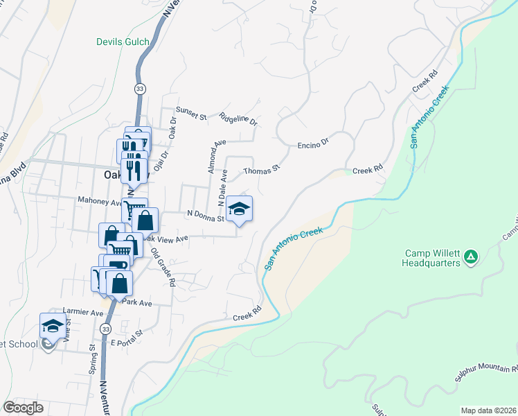 map of restaurants, bars, coffee shops, grocery stores, and more near 10450 North Karen Avenue in Oak View