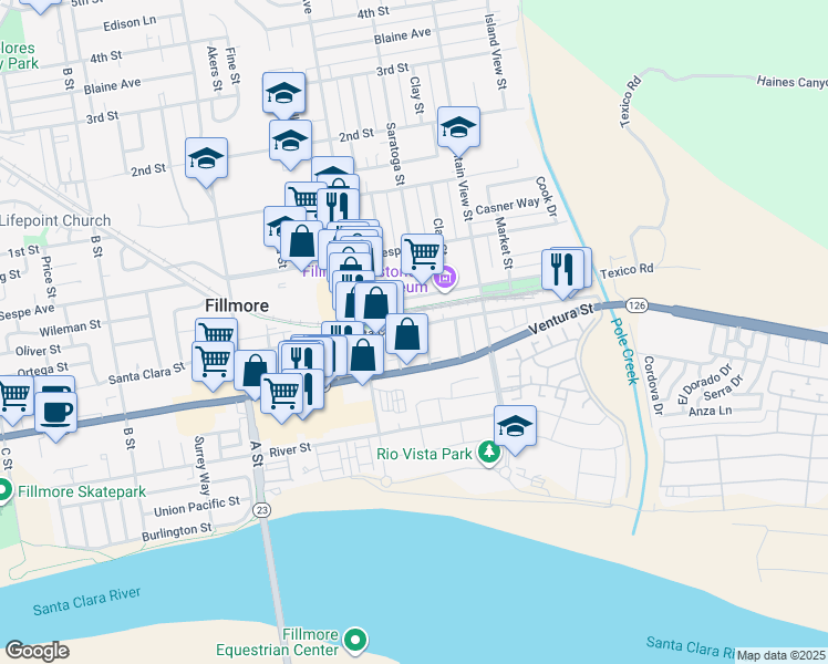 map of restaurants, bars, coffee shops, grocery stores, and more near 227 Saratoga Street in Fillmore