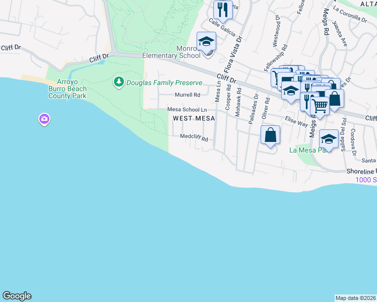 map of restaurants, bars, coffee shops, grocery stores, and more near 2513 Medcliff Road in Santa Barbara