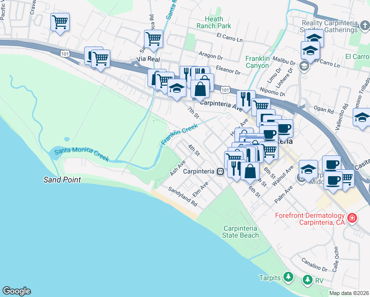 map of restaurants, bars, coffee shops, grocery stores, and more near 349 Ash Avenue in Carpinteria