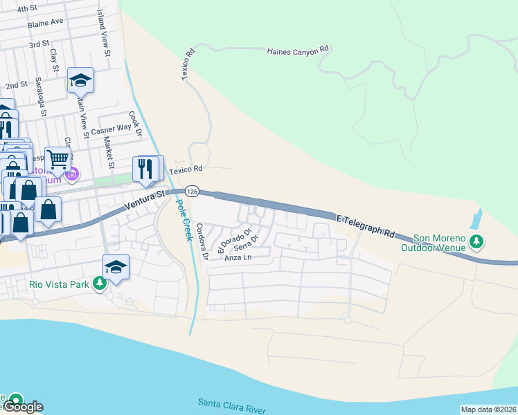 map of restaurants, bars, coffee shops, grocery stores, and more near 250 East Telegraph Road in Fillmore