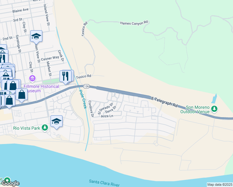 map of restaurants, bars, coffee shops, grocery stores, and more near 250 East Telegraph Road in Fillmore