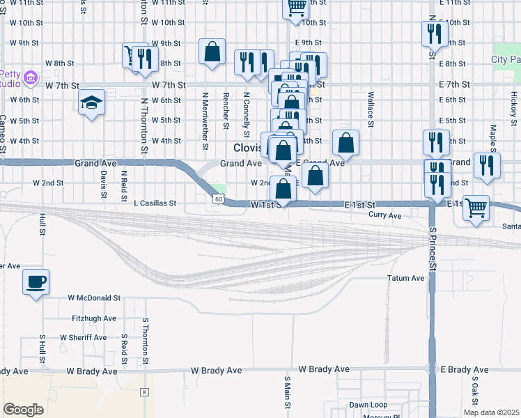 map of restaurants, bars, coffee shops, grocery stores, and more near 221 West 1st Street in Clovis