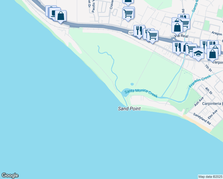 map of restaurants, bars, coffee shops, grocery stores, and more near 571 Sand Point Road in Carpinteria