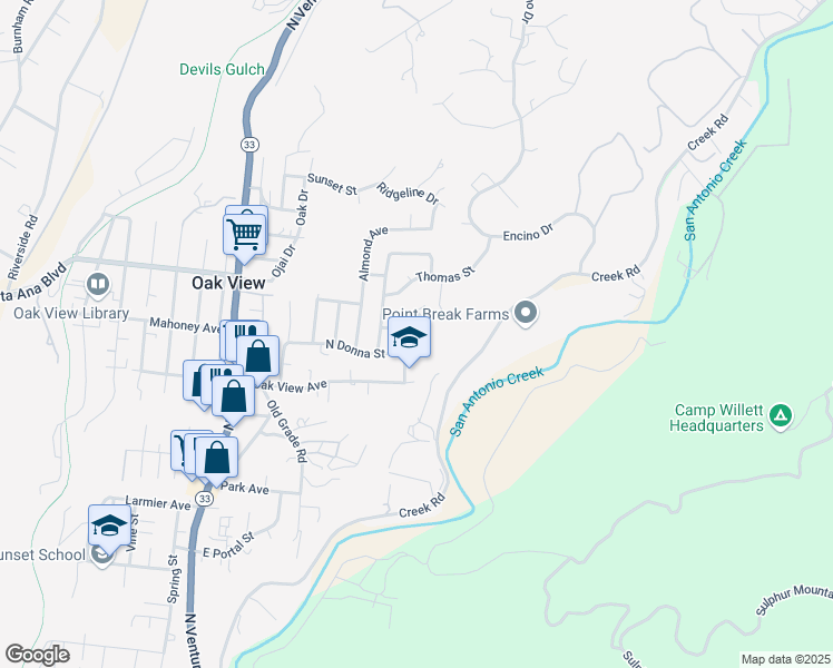 map of restaurants, bars, coffee shops, grocery stores, and more near 10465 North Karen Avenue in Oak View