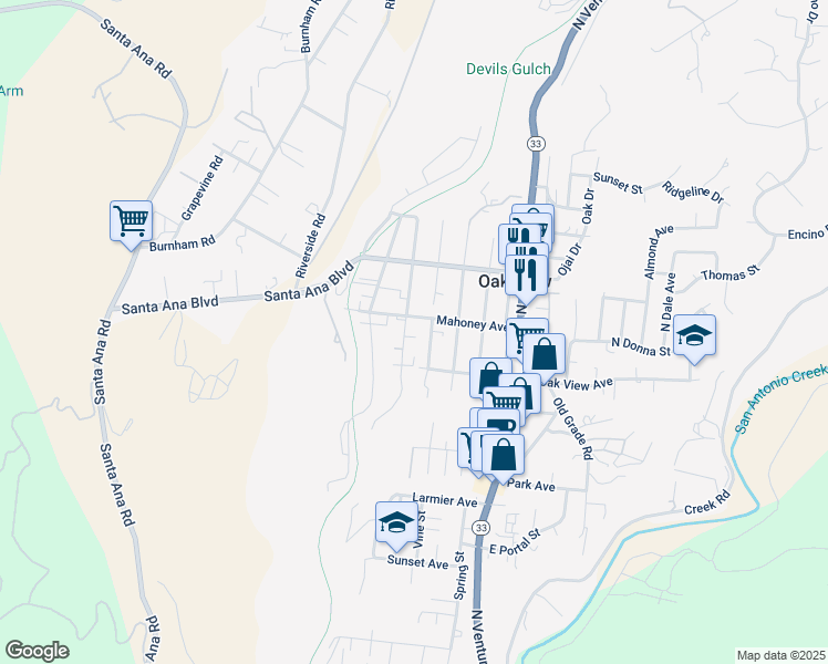 map of restaurants, bars, coffee shops, grocery stores, and more near 224 Valley Road in Oak View