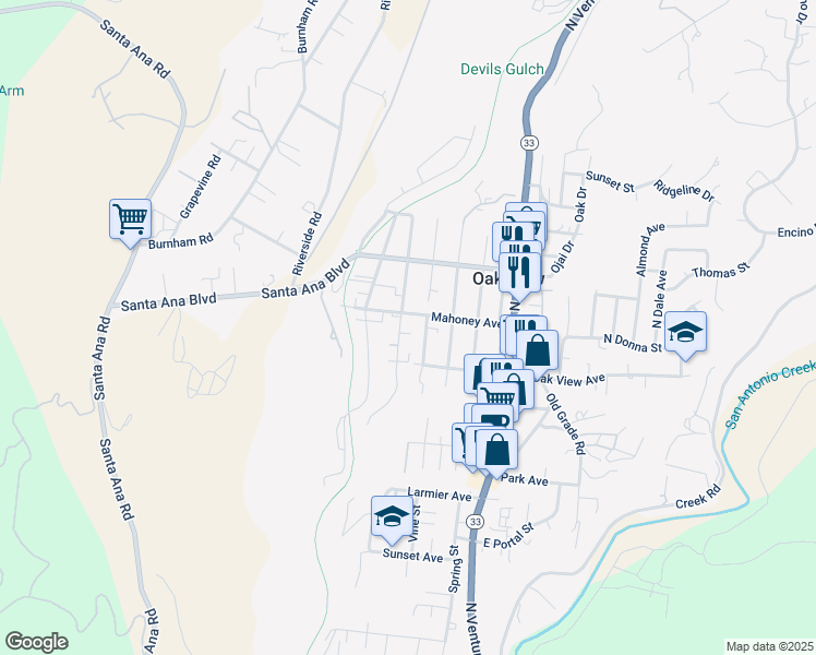 map of restaurants, bars, coffee shops, grocery stores, and more near 246 Valley Road in Oak View