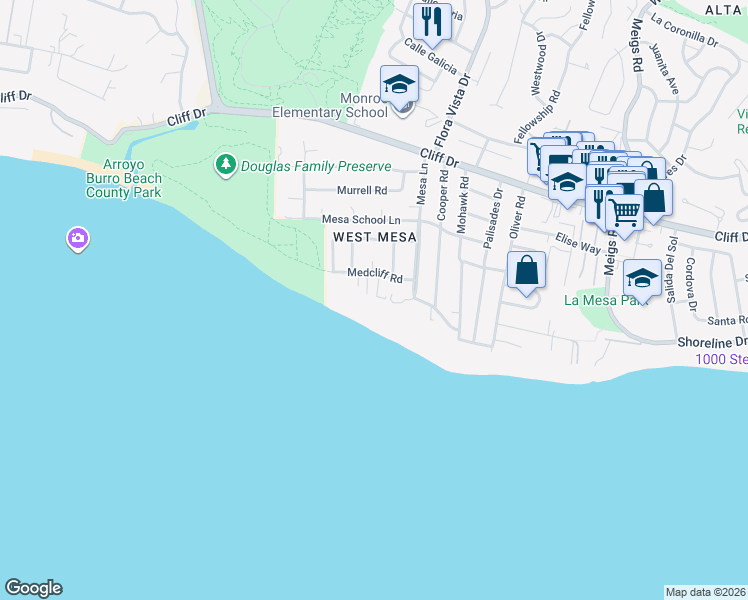 map of restaurants, bars, coffee shops, grocery stores, and more near 2513 Medcliff Road in Santa Barbara