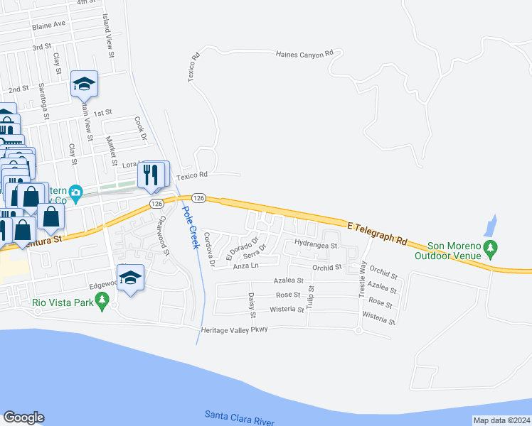 map of restaurants, bars, coffee shops, grocery stores, and more near 250 East Telegraph Road in Fillmore