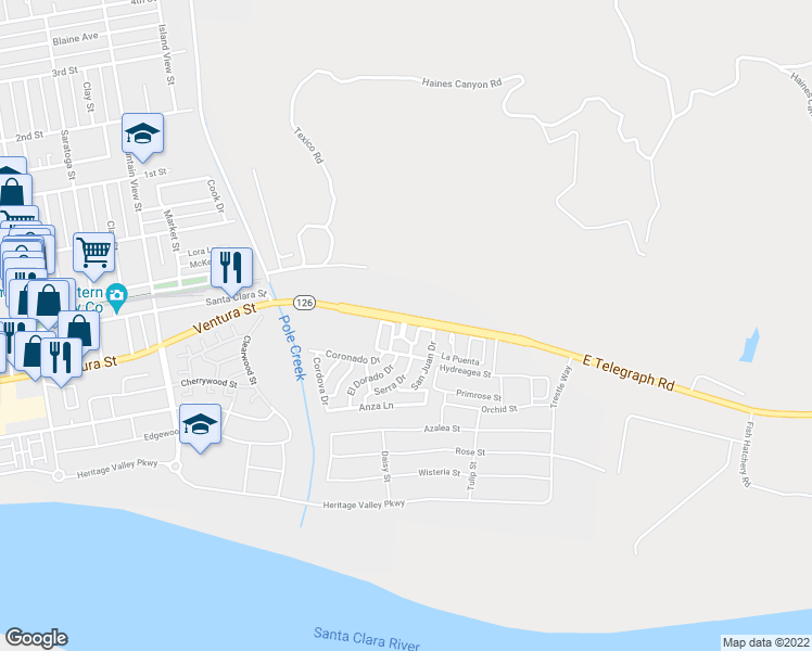 map of restaurants, bars, coffee shops, grocery stores, and more near 250 East Telegraph Road in Fillmore