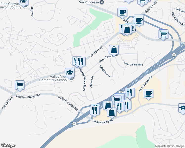 map of restaurants, bars, coffee shops, grocery stores, and more near 19267 Abdale Street in Santa Clarita