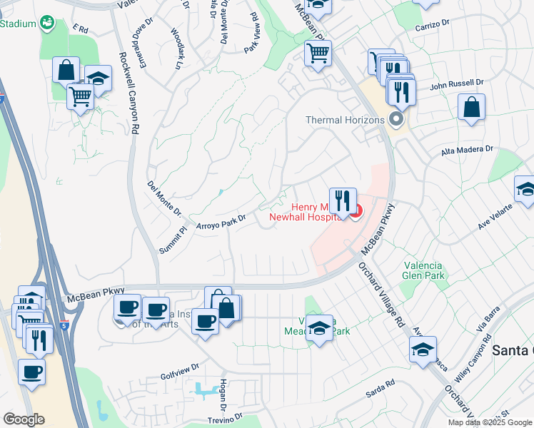map of restaurants, bars, coffee shops, grocery stores, and more near 25967 Aosta Court in Santa Clarita