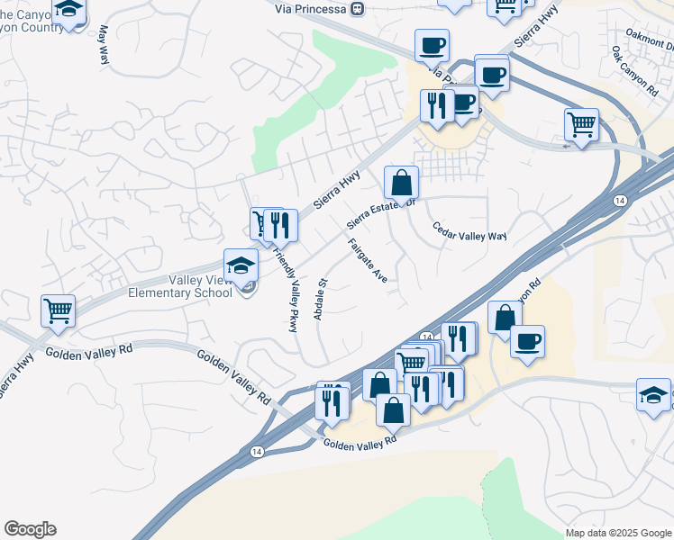 map of restaurants, bars, coffee shops, grocery stores, and more near 19238 Abdale Street in Santa Clarita