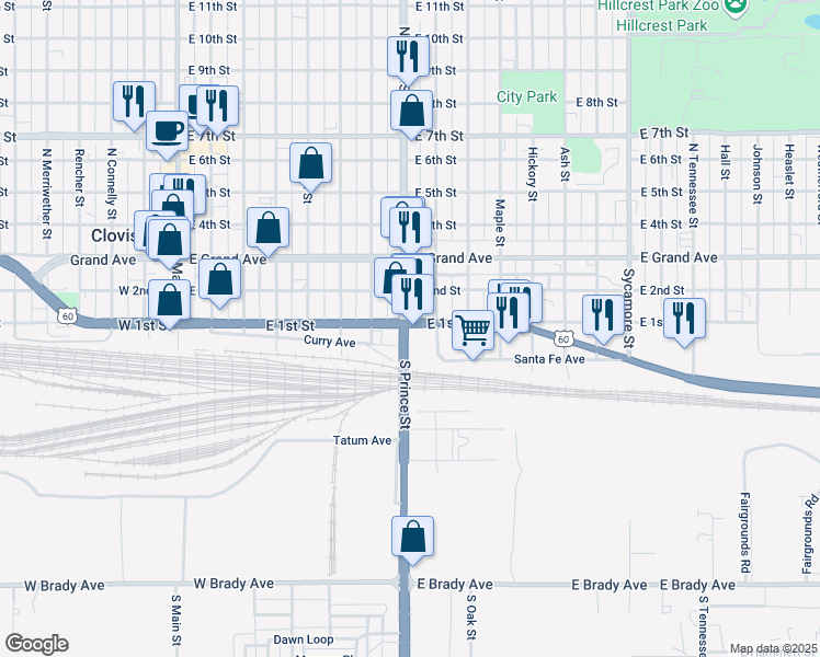 map of restaurants, bars, coffee shops, grocery stores, and more near 652 Curry Avenue in Clovis
