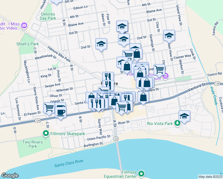 map of restaurants, bars, coffee shops, grocery stores, and more near 303 A Street in Fillmore