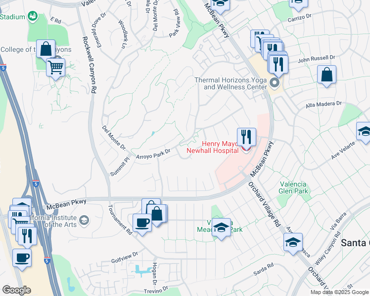 map of restaurants, bars, coffee shops, grocery stores, and more near 25967 Aosta Court in Santa Clarita