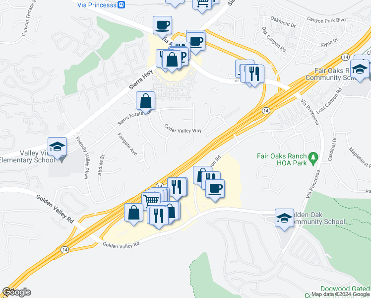 map of restaurants, bars, coffee shops, grocery stores, and more near 26222 Ridge Vale Drive in Santa Clarita