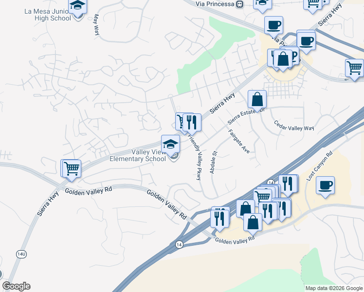 map of restaurants, bars, coffee shops, grocery stores, and more near 19321 Ackerman Avenue in Santa Clarita