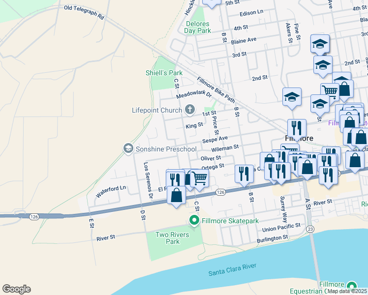 map of restaurants, bars, coffee shops, grocery stores, and more near 338 C Street in Fillmore