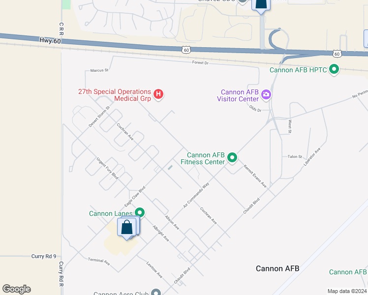map of restaurants, bars, coffee shops, grocery stores, and more near D. L. Ingram Avenue in Cannon Air Force Base