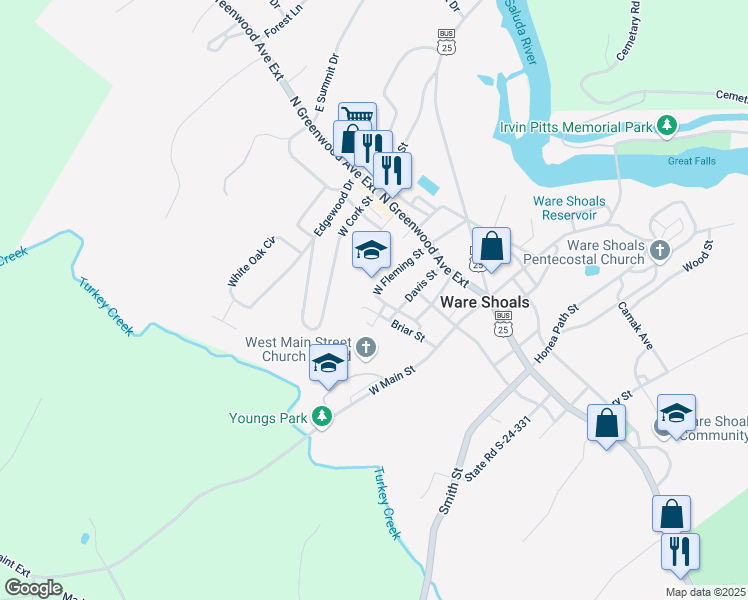 map of restaurants, bars, coffee shops, grocery stores, and more near 18 Briar Street in Ware Shoals