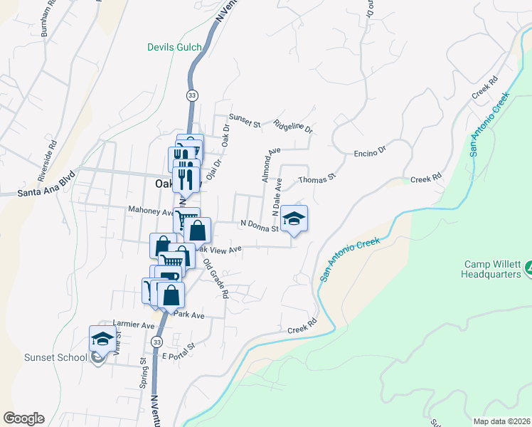 map of restaurants, bars, coffee shops, grocery stores, and more near 40 Almond Avenue in Oak View