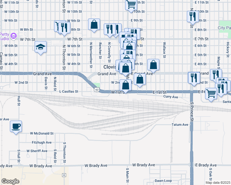 map of restaurants, bars, coffee shops, grocery stores, and more near 221 West 1st Street in Clovis