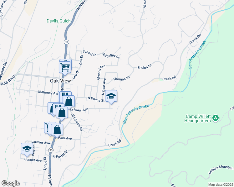 map of restaurants, bars, coffee shops, grocery stores, and more near 10450 North Karen Avenue in Oak View