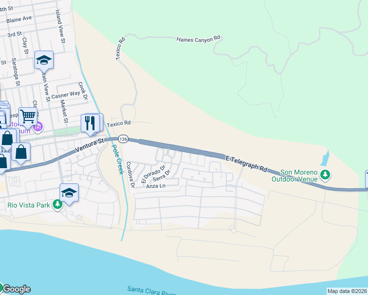 map of restaurants, bars, coffee shops, grocery stores, and more near 251 East Telegraph Road in Fillmore