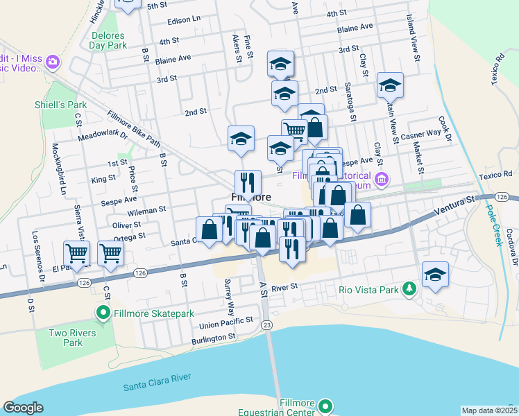 map of restaurants, bars, coffee shops, grocery stores, and more near 639 Santa Clara Street in Fillmore