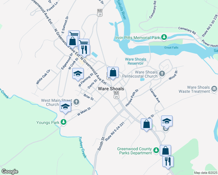 map of restaurants, bars, coffee shops, grocery stores, and more near in Ware Shoals