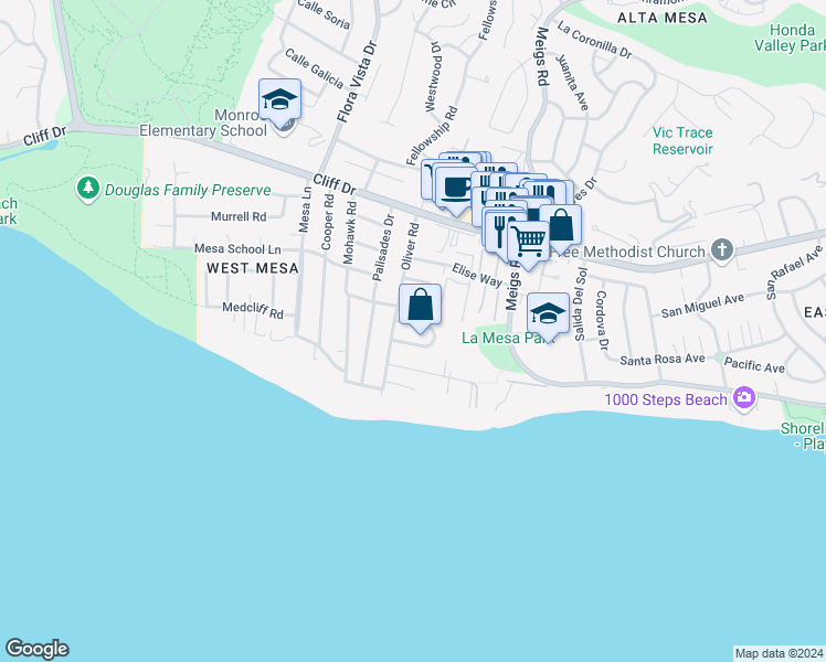 map of restaurants, bars, coffee shops, grocery stores, and more near 307 Santa Monica Way in Santa Barbara