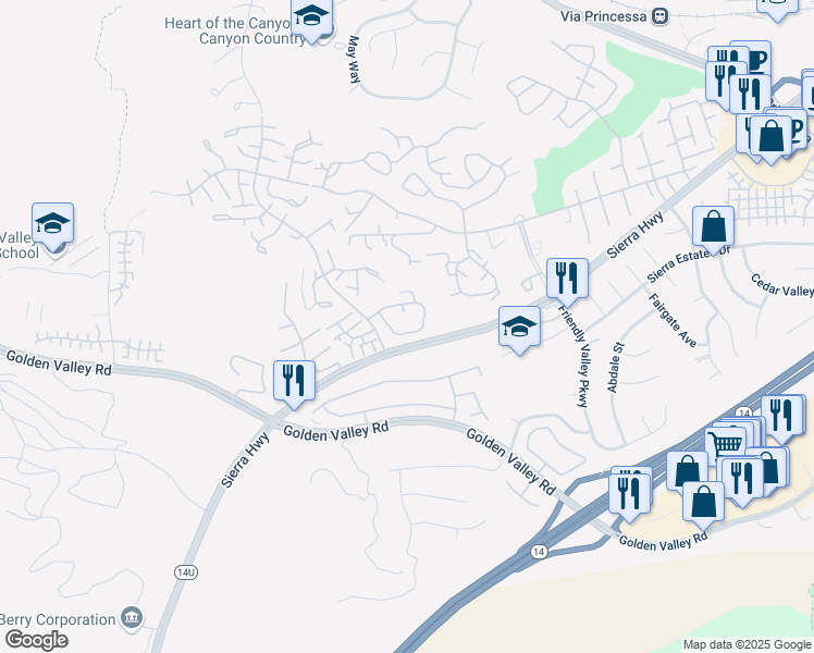 map of restaurants, bars, coffee shops, grocery stores, and more near 19749 Azure Field Drive in Santa Clarita