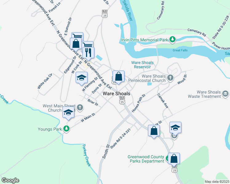 map of restaurants, bars, coffee shops, grocery stores, and more near 1 North Greenwood Avenue Extension in Ware Shoals