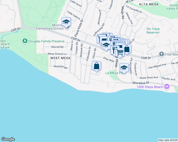 map of restaurants, bars, coffee shops, grocery stores, and more near 136 Oliver Road in Santa Barbara