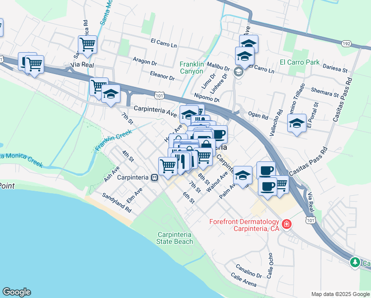 map of restaurants, bars, coffee shops, grocery stores, and more near 801 Linden Avenue in Carpinteria