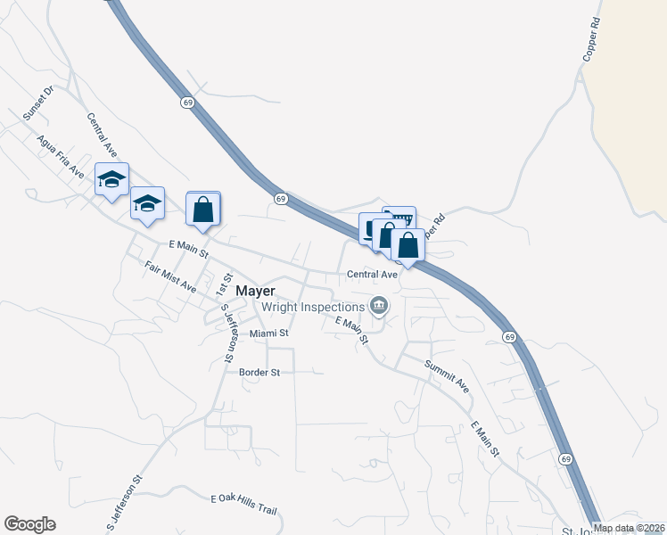 map of restaurants, bars, coffee shops, grocery stores, and more near 13030 Central Avenue in Mayer