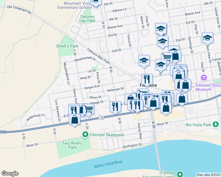 map of restaurants, bars, coffee shops, grocery stores, and more near 911 Wileman Street in Fillmore