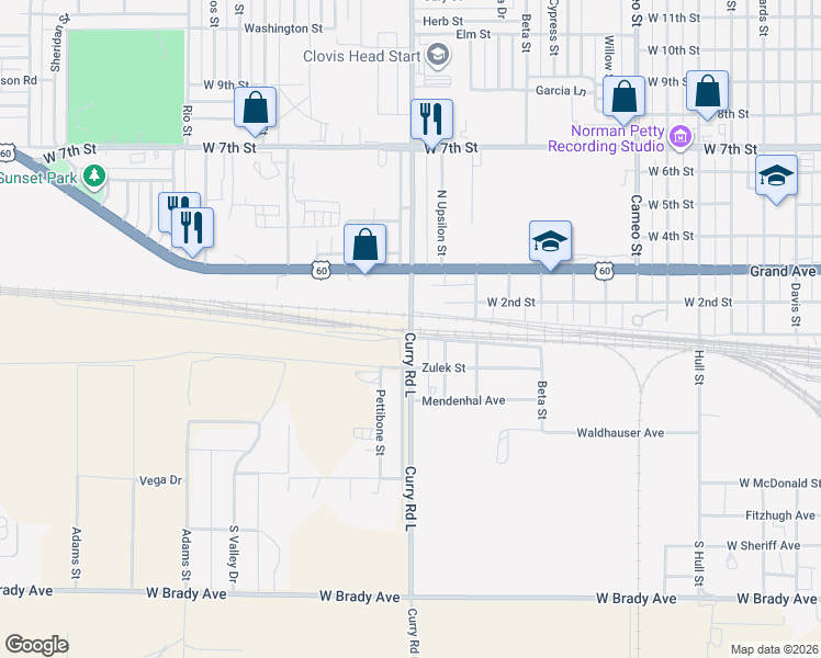 map of restaurants, bars, coffee shops, grocery stores, and more near 8 Curry Road L in Clovis