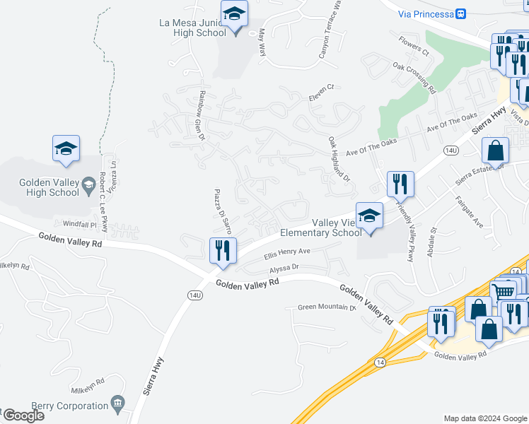 map of restaurants, bars, coffee shops, grocery stores, and more near 19845 Sandpiper Place in Santa Clarita