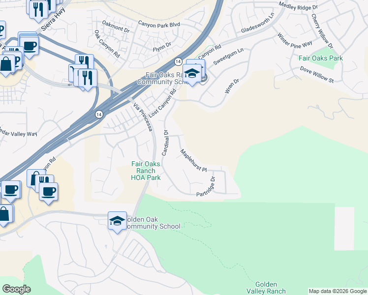 map of restaurants, bars, coffee shops, grocery stores, and more near 17913 Maplehurst Place in Los Angeles County