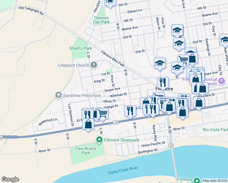 map of restaurants, bars, coffee shops, grocery stores, and more near 933 Sespe Avenue in Fillmore